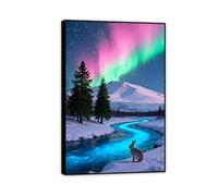Hau3sh3a Tableau sur toile Aurore Borealis sur une forêt enneigée et un fleuve Lapin des neiges vert rose poster Paysage d'hiver nocturne Images Décoration murale Aurora105x70cm(41x28in) Cadre noir