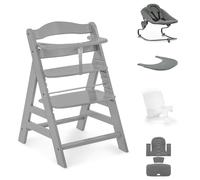 hauck Alpha+ Premium Bundle, gris hêtre - Chaise haute en bois de la naissance à 99 ans - Chaise haute avec transat inclinable, réducteur de siège pour bébé, coussin de siège et plateau à clic
