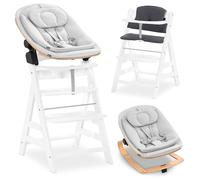hauck Chaise Haute Bébé Alph avec Siège Nouveau-né Eco - White | Chaise haute évolutive en bois, de la naissance à 90 kg, inclus assise bébé ergonomique, coussin et harnais