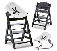hauck Chaise Haute Bébé Alph avec Siège Nouveau-né Premium - Black | Chaise haute évolutive en bois, de la naissance à 90 kg, inclus assise bébé avec réducteur, coussin, idéal pour repas