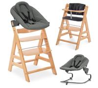 hauck Chaise Haute Bébé Alph avec Siège Nouveau-né Premium - Natural | Chaise haute évolutive en bois, de la naissance à 90 kg, inclus assise bébé avec réducteur, coussin, idéal pour repas