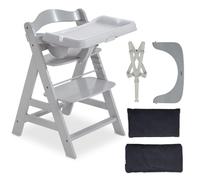 hauck Chaise Haute Bébé Alph avec Tablette Repas Alpha Tray - Grey | Chaise haute évolutive en bois, dès 6 mois à 90 kg, inclus coussin, harnais 5 points, arceau de protection, réglable