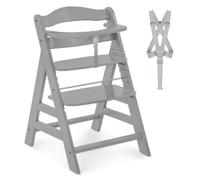 hauck - Chaise Haute Bébé Alpha Plus en Bois - Évolutive dès 6 Mois, Réglable, avec Harnais de Sécurité à 5 Points, Barre de sécurité, Stable et Résistante jusqu'à 90 Kg - Gris