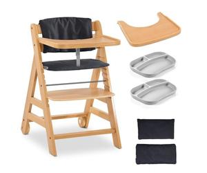 hauck - Chaise Haute Bébé Alpha Plus Move avec Tablette Repas, Coussin et 2x Assiette Bebe en Silicone, Évolutive en Bois avec Roues, Harnais de Sécurité - Naturel, Charcoal