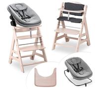 hauck Chaise Haute Bébé Bet avec Siège Highchair Bouncer - Whitewashed | Chaise haute évolutive en bois, de la naissance à 90 kg, inclus assise bébé ergonomique, roues, plateau repas, coussin