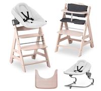 hauck Chaise Haute Bébé Bet avec Siège Nouveau-né Premium - Whitewashed | Chaise haute évolutive en bois, de la naissance à 90 kg, inclus assise bébé, roues, plateau repas, coussin