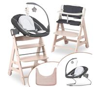 hauck Chaise Haute Bébé Beta Plus Set Deluxe - Évolutive avec Siège Amovible, Plateau Repas, Coussin Assise, Roulettes, Arceau de Jeu - Bois Blanchi