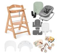 hauck Chaise Haute Bébé Evolutive en Bois Alpha Start N Grow Set - dès la Naissance jusqu’à 90 kg - Transat Bebe 3-en-1 avec Réducteur, Coussin, Tablette Repas, Plateau de Jeu et 3 Jeux d’Éveil