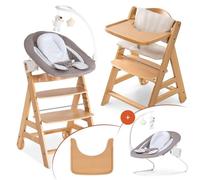 hauck Chaise Haute Bébé en Bois Alpha Move Newborn Set Deluxe - Inclus Accessoire Nouveau-né, Coussin d'Assise et Tablette Repas - Utilisable dès la Naissance, Réglable en Hauteur - Naturel Sable