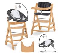 hauck Chaise Haute Bébé en Bois Alpha Move Newborn Set Deluxe - Inclus Accessoire Nouveau-né, Coussin d'Assise et Tablette Repas - Utilisable dès la Naissance, Réglable en Hauteur - Naturel Gris Chiné