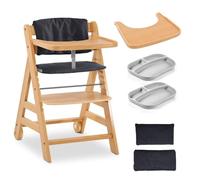 hauck Chaise Haute Bébé Évolutive Alpha Move Set jusqu'à 90 kg - Charcoal | Chaise haute bois de hêtre avec coussin, 2 assiettes silicone, tablette repas, harnais 5 points, roulettes, dès 6 mois