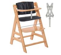 hauck Chaise Haute Bébé Évolutive Alph Natural Coussin Charcoal | Chaise haute en bois dès 6 mois, avec coussin d'assise, harnais 5 points, barre de sécurité et sangle d'entrejambe