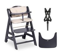 Hauck Chaise haute bébé Beta+ évolutive en bois 6–90 kg, roulettes, harnais 5 points, gris foncé