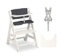 hauck Chaise Haute Bébé Evolutive Beta+ en Bois 6 Mois à 90 kg - Avec Roulettes, Coussin, Plateau Repas, Arceau de Sécurité, Harnais 5 Points et Sangle d’Entrejambe - Blanc