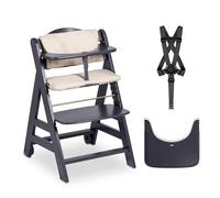 hauck Chaise Haute Bébé Evolutive Bet en Bois 6 Mois à 90 kg - Avec Roulettes, Coussin, Plateau Repas, Arceau de Sécurité, Harnais 5 Points et Sangle d’Entrejambe - Gris Foncé