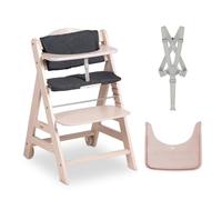hauck Chaise Haute Bébé Evolutive Bet en Bois 6 Mois à 90 kg - Avec Roulettes, Coussin, Plateau Repas, Arceau de Sécurité, Harnais 5 Points et Sangle d’Entrejambe - Bois Blanchi