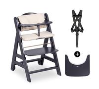 hauck Chaise Haute Bébé Evolutive Beta+ en Bois 6 Mois à 90 kg - Avec Roulettes, Coussin, Plateau Repas, Arceau de Sécurité, Harnais 5 Points et Sangle d’Entrejambe - Gris Foncé