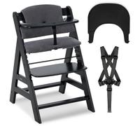 hauck Chaise Haute Bébé Evolutive Bois Alpha+, dès 6 Mois, Inclus Plateau Repas Bebe Click Tray, Coussin Assise et Harnais 5 Points - Siège Enfant Ergonomique Réglable - Noir