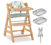 hauck Chaise Haute Bébé Evolutive Bois Alpha Move dès 6 Mois avec Tablette, Coussin, Harnais 5 Points et 2 Assiettes Silicone - Chaise Bebe Réglable Sécurisée jusqu’à 90 kg - Naturel, Vert