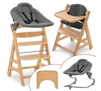 hauck Chaise Haute Bébé Evolutive en Bois Alpha Move Newborn Set, Inclus Transat Bebe Premium avec Harnais 5 Points, dès Naissance, Roulettes, Coussin d'Assise et Tablette Repas - Naturel Gris Foncé
