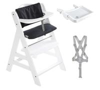hauck Chaise Haute Bébé Evolutive en Bois Alpha Plus avec Tablette Repas Alpha Tray et Coussin - Chaise Haute Réglable Enfant dès 6 Mois - Blanc, Gris
