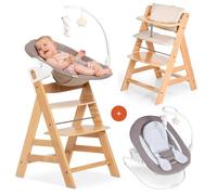 hauck Chaise Haute Bébé Evolutive en Bois Alpha Plus Newborn Set Deluxe - Dès la Naissance, avec Transat Bebe et Coussin d’Assise - Réglable - Nature