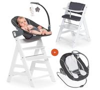 hauck Chaise Haute Bébé Evolutive en Bois Alpha Plus Newborn Set Deluxe - Dès la Naissance, avec Transat Bebe et Coussin d’Assise - Réglable - Blanc