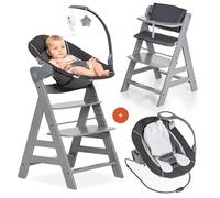 hauck Chaise Haute Bébé Evolutive en Bois Alpha Plus Newborn Set Deluxe - Dès la Naissance, avec Transat Bebe et Coussin d’Assise - Réglable - Gris