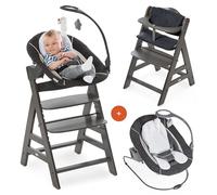 hauck Chaise Haute Bébé Evolutive en Bois Alpha Plus Newborn Set Deluxe - Dès la Naissance, avec Transat Bebe et Coussin d’Assise - Réglable - Charbon