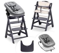 hauck Chaise Haute Bébé Evolutive en Bois Beta+ Newborn Set Highchair Bouncer 3en1 - dès la Naissance avec Transat Bebe, Coussin Assise et Plateau Repas - Gris Foncé
