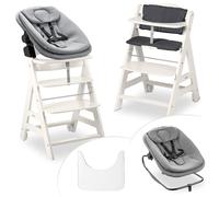 hauck Chaise Haute Bébé Evolutive en Bois Beta+ Newborn Set Highchair Bouncer 3en1 - dès la Naissance avec Transat Bebe, Coussin Assise et Plateau Repas - Blanc