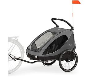 hauck Remorque Velo et Poussette 2 Enfants 2-en-1 Dryk Duo (6 Mois à 120 cm / 22 kg), inclus Barre d'Attelage, Attache Vélo, Roue Avant, Fanion et Feu Arrière - Pliable, Coffre XL - Gris