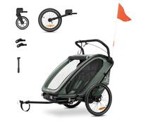 hauck Remorque Velo et Poussette Bike N Walk Duo, Chariot Enfant 2 Places, 6 Mois et Jusqu'à 22 kg - 120 cm avec Suspension, Frein à Main, Dossier Réglable, Coffre et Accessoires, Vert Foncé