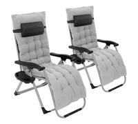 Hauki 2X Chaise Longue Pliante Gris, avec Porte-Boisson, Bain de Soleil Extra Large, Coussin de Tête/Dossier Réglable, Repose-Pieds Antidérapant, Confort Luxueux, Chaise de Jardin, Balcon Plage