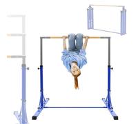 Hauki Barre de Gymnastique Pliable pour Enfants, Bleu, Réglable en Hauteur 95,5-150 cm, Structure en Acier et Support en Bois, Appareil d'entraînement à la Maison Intérieur/Extérieur, Support Stable