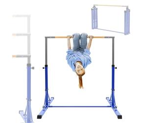 Hauki Barre de Gymnastique Pliable pour Enfants, Bleu, Réglable en Hauteur 95,5-150 cm, Structure en Acier et Support en Bois, Appareil d'entraînement à la Maison Intérieur/Extérieur, Support Stable