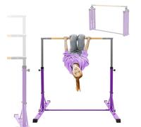 Hauki Barre de Gymnastique Pliable pour Enfants, Lilas, Réglable en Hauteur 95,5-150 cm, Structure en Acier et Support en Bois, Appareil d'entraînement à la Maison Intérieur/Extérieur, Support Stable