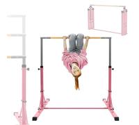 Hauki Barre de Gymnastique Pliable pour Enfants, Rose, Réglable en Hauteur 95,5-150 cm, Structure en Acier et Support en Bois, Appareil d'entraînement à la Maison Intérieur/Extérieur, Support Stable