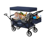 Hauki Chariot de Transport Pliable à Main avec Toit, Bleu-Gris, Poussette de Plage Jardin avec Sac et Siège à 2 Places, Roulette avec Freins, Pivotante à 360°, Charge Max. 120 kg, pour Enfants/Outils