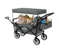 Hauki Chariot de Transport Pliable à Main avec Toit, Gris, Poussette de Plage Jardin avec Sac et Siège à 2 Places, Roulette avec Freins, Pivotante à 360°, Charge Max. 120 kg, pour Enfants/Outils