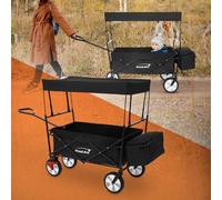 Hauki Chariot de Transport Pliable à Main avec Toit, Noir, avec 2X Poches en Filet/Extérieure, Roues avec Freins, Pivotante à 360°, Charge Max. 80 kg, pour Enfants/Outils, Jardin Plage