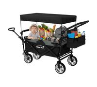 Hauki Chariot de Transport Pliable à Main avec Toit, Noir-Gris, Poussette de Plage Jardin avec Sac et Siège à 2 Places, Roulette avec Freins, Pivotante à 360°, Charge Max. 120 kg, pour Enfants/Outils