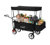 Hauki Chariot de Transport Pliable à Main avec Toit, Noir, Poussette de Plage avec Poches en Filet et Siège à 2 Places, Roulette avec Freins, Pivotante 360°, Charge Max. 80 kg, pour Enfants Outils