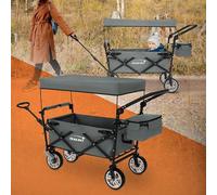 Hauki Chariot de Transport Pliable avec Toit et Sac, Gris, à Main à Pousser et Tirer, Roues Avant Pivotantes à 360° avec Freins, Charge Max.120 kg, pour Enfants, de Jardin, Plage