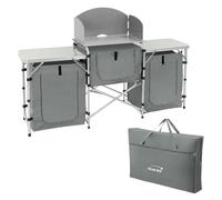 Hauki Cuisine de Camping Pliable, avec Sac de Transport, Meuble à Étagères de Rangement, Gris, Aluminium/Tissu Oxford, avec Pare-Vent et Plan de Travail, Armoire de Tente Idéale pour Extérieur Voyage