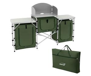 Hauki Cuisine de Camping Pliable, avec Sac de Transport, Meuble à Étagères de Rangement, Kaki, Aluminium/Tissu Oxford, avec Pare-Vent et Plan de Travail, Armoire de Tente Idéale pour Extérieur Voyage