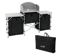 Hauki Cuisine de Camping Pliable, avec Sac de Transport, Meuble à Étagères de Rangement, Noir, Aluminium/Tissu Oxford, avec Pare-Vent et Plan de Travail, Armoire de Tente Idéale pour Extérieur Voyage
