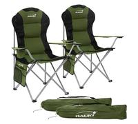 Hauki Set de 2X Chaise de Camping Pliable, Kaki, Chaise de Pêche Portable, avec Porte-Boisson, Sac de Transport, jusqu'à 150kg, Extra Large, Chaise Longue Rembourrée, Dossier Haut, Chaise de Jardin
