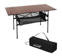 Hauki Table de Camping Pliante, 118 x 55 x 64,5 cm, Enroulable en Aluminium Robuste, Plateau Marron Aspect Bois, Pieds Antidérapants, Sac de Transport Inclus, Pochette Rétractable, de Voyage Plage