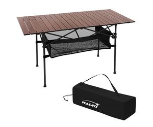 Hauki Table de Camping Pliante, 118 x 55 x 64,5 cm, Enroulable en Aluminium Robuste, Plateau Marron Aspect Bois, Pieds Antidérapants, Sac de Transport Inclus, Pochette Rétractable, de Voyage Plage